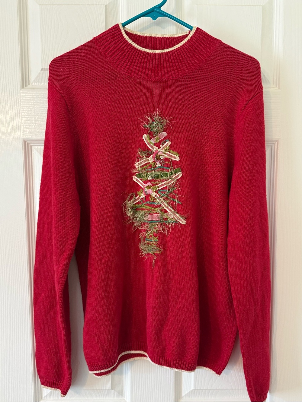 Vintage Christmas Red Crewneck Sweater with Christmas Tree Applique